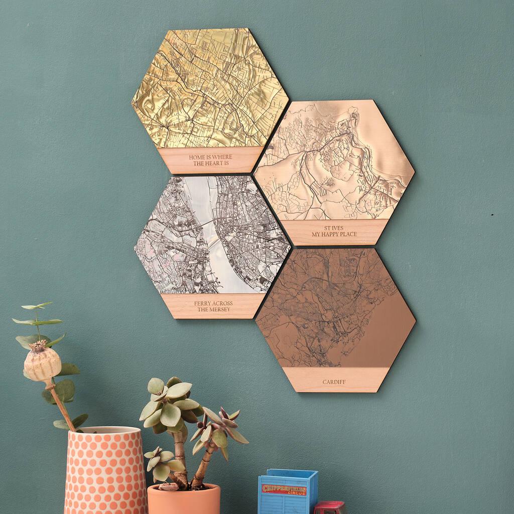 gold silver and bronze hexagons personalised with maps