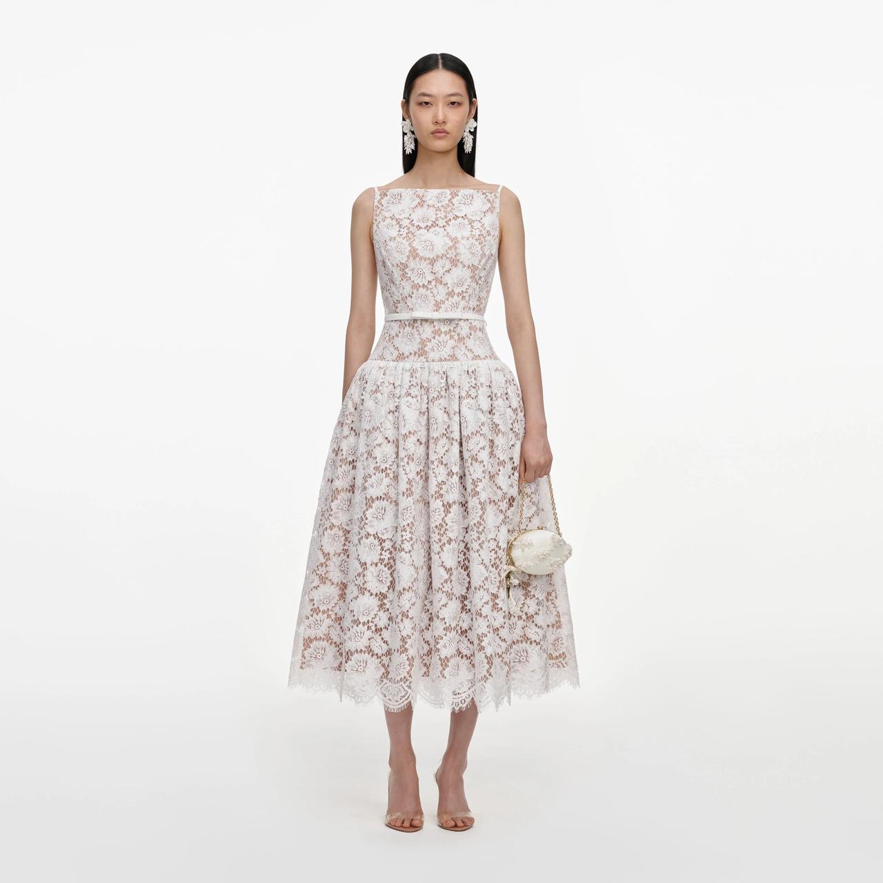 White Lace Flared Midi Dress – Self Portrait