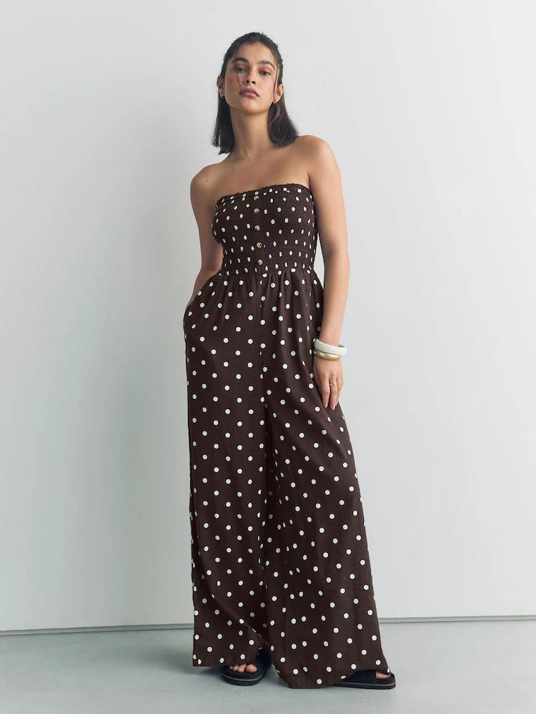 Chocolate Brown Polka Dot Linen Blend Bandeau Jumpsuit With Detachable Straps – Next