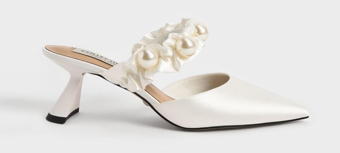 White Satin Sandals with All Over Pearls, SACORA 100