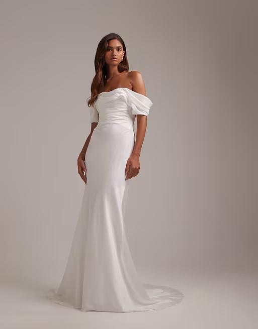 Bardot Draped Satin Maxi Wedding Dress In Ivory ASOS DESIGN