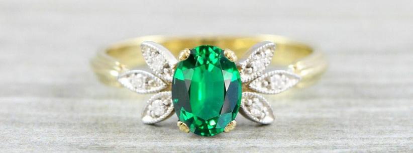 Diamond and emerald floral engagement ring