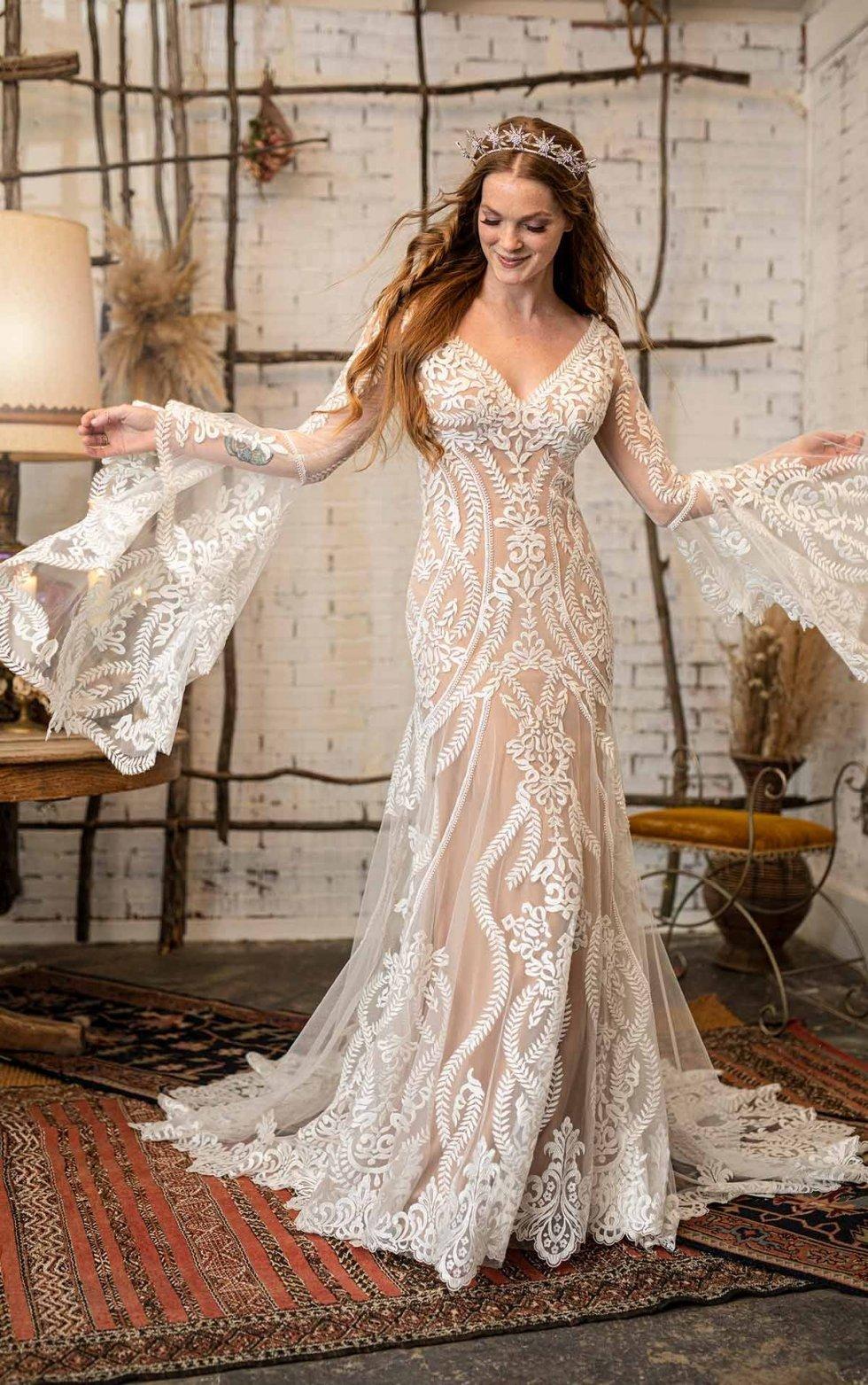 Bohemian fit and flare best sale wedding dress