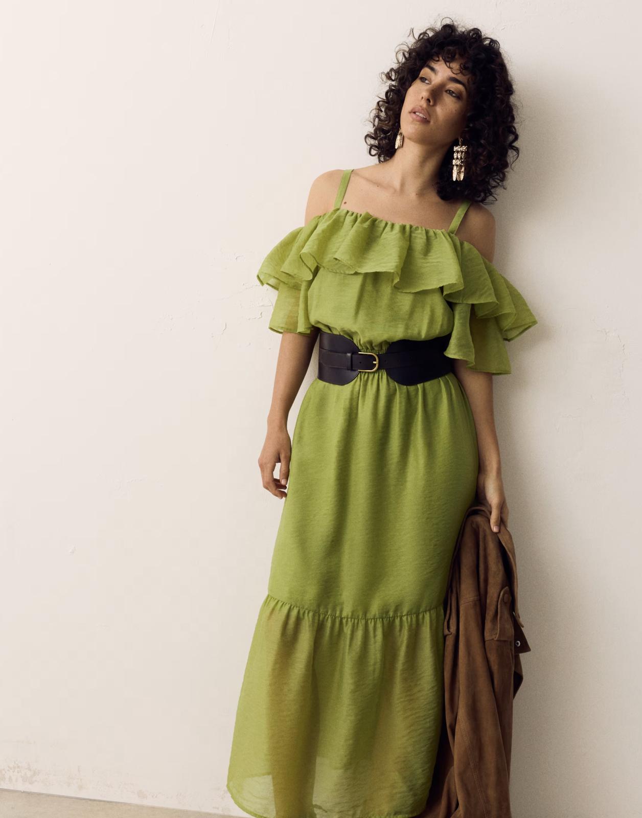 green tiered ruffles midaxi dress