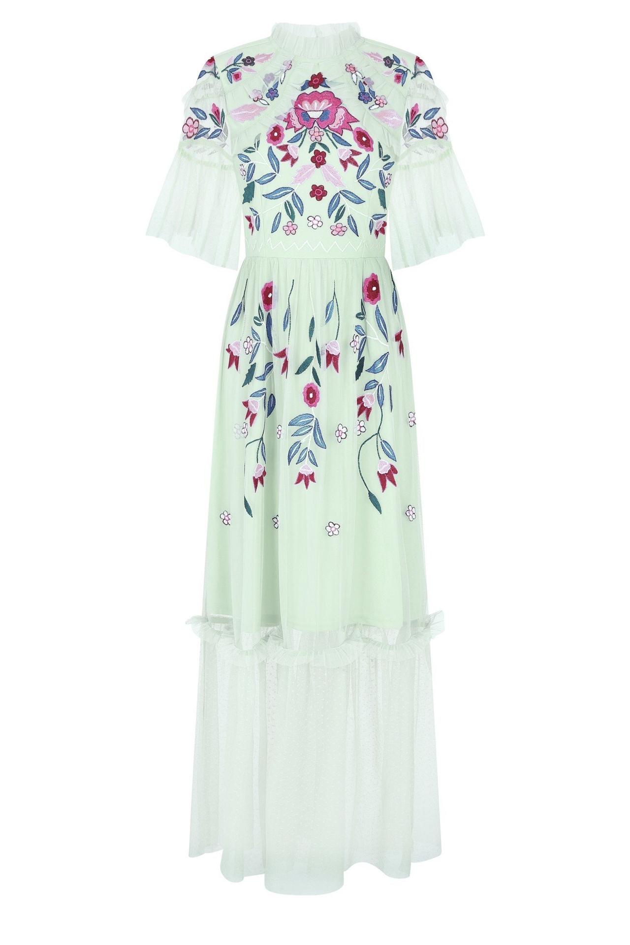 Frock and Frill Embroidered Maxi Dress With Tie Waist in White