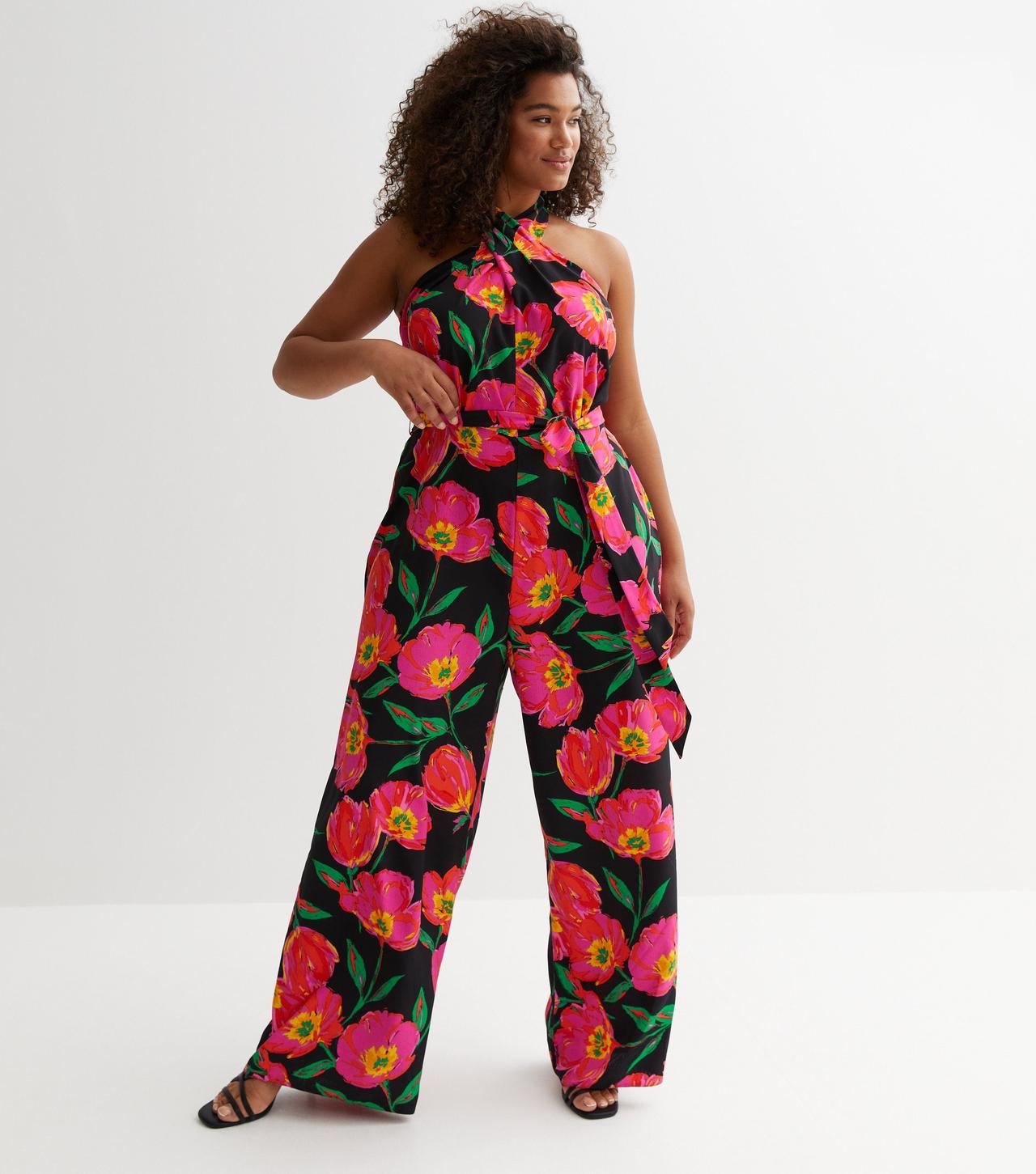 Women's Strapless Floral Satin Wide Leg Summer Jumpsuit Black – Styledup.co. uk