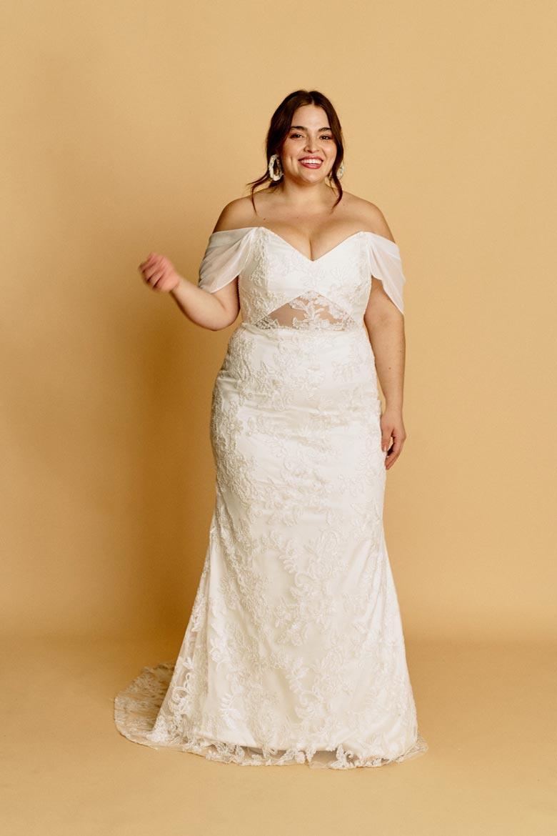 Lace fit and flare plus size wedding dress 