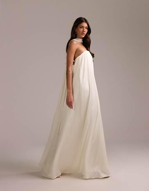 ASOS DESIGN satin bandeau wedding dress with scarf in ivory