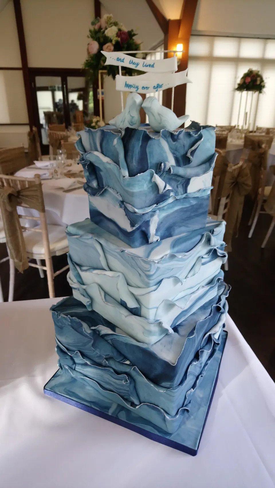 white blue marble with gold vine - The Quintessential Cake