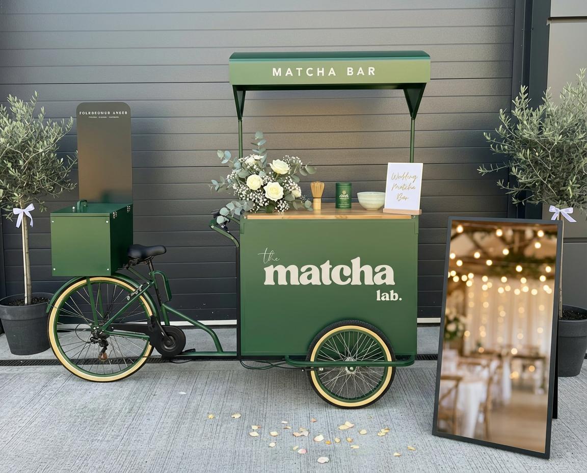 green matcha lab bar outside a barn for a wedding