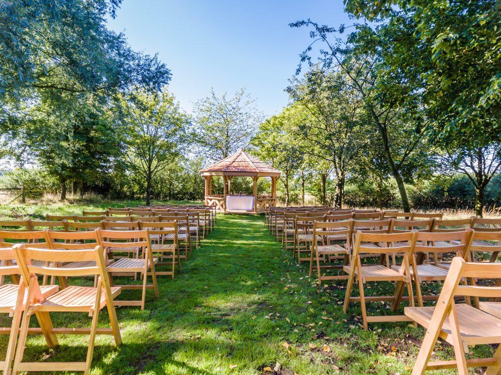 Outdoor ceremony set-up at Northamptonshire wedding venue Crockwell Farm