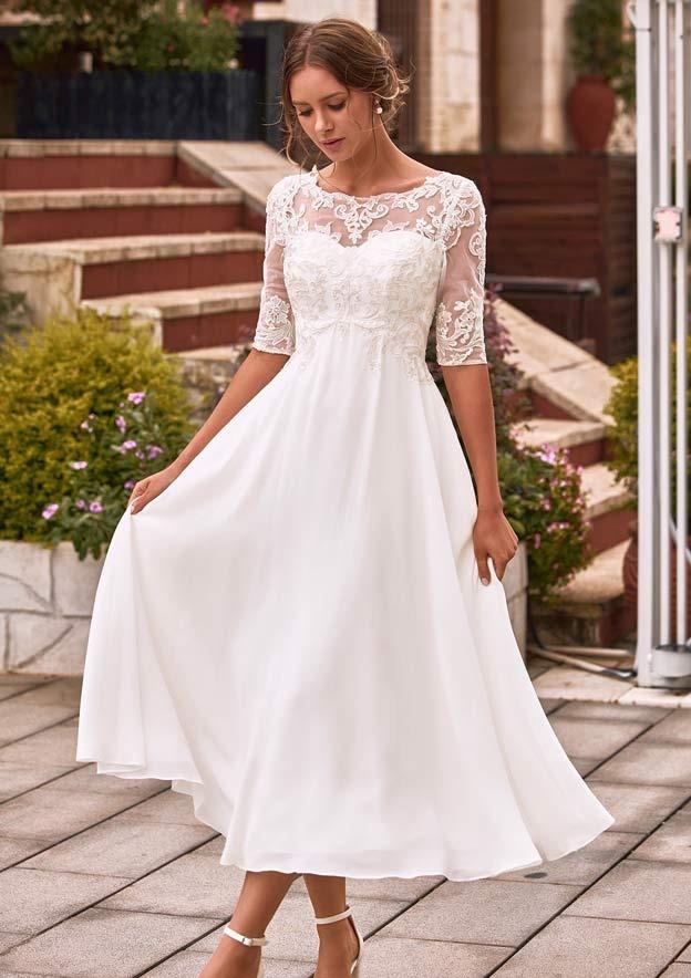 A-line Chiffon Wedding Dress Bateau Tea-Length with Lace – Stacees