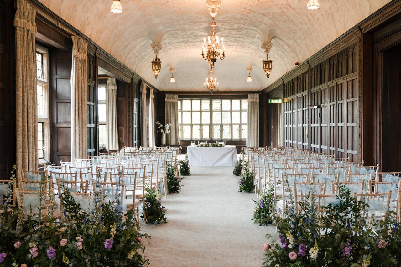Wood panelled wedding ceremony room set up for a ceremony