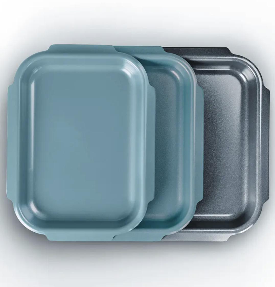 three baking trays in a row in assortments of blue