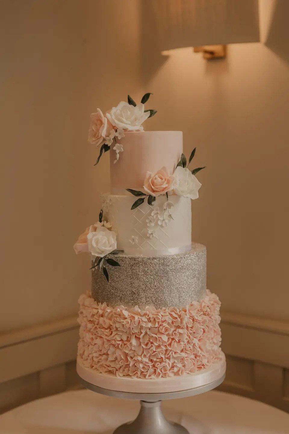 All White & Silver 5 Tier Wedding Cake - Cupcake Boutique