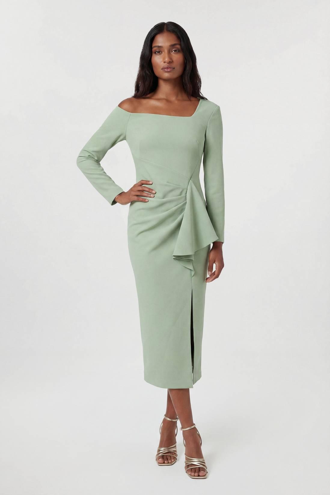 Compact Stretch Asymmetric Neckline Draped Midi Dress Karen Millen