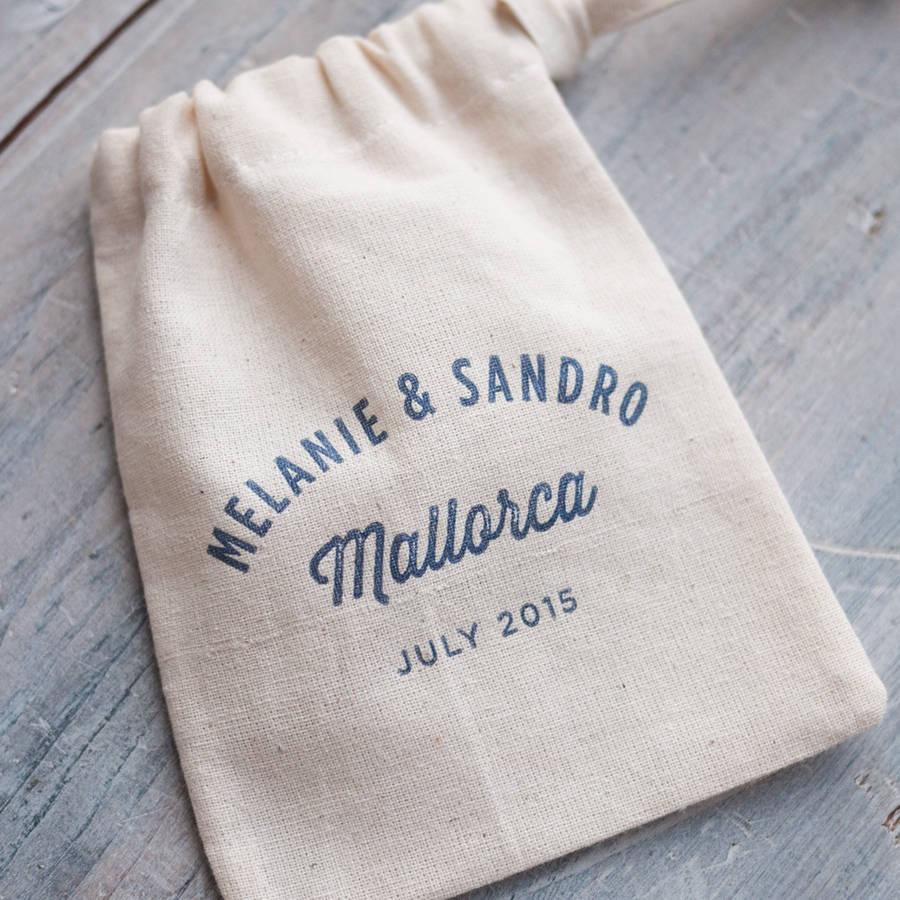 Blue and white personalised cotton wedding guest gift bag