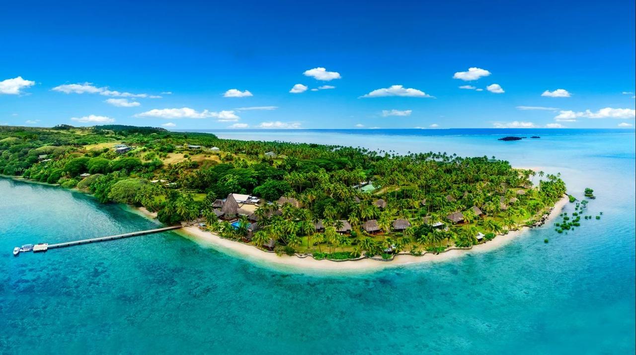 A birds eye view of a honeymoon resort on a private island in Fiji