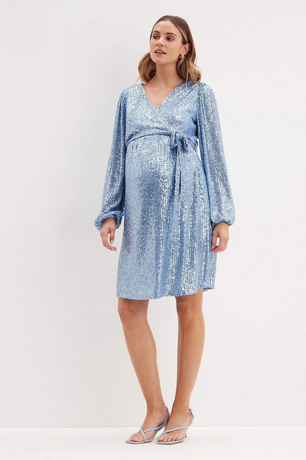 Blue sequin wrap mini maternity bridesmaid dress