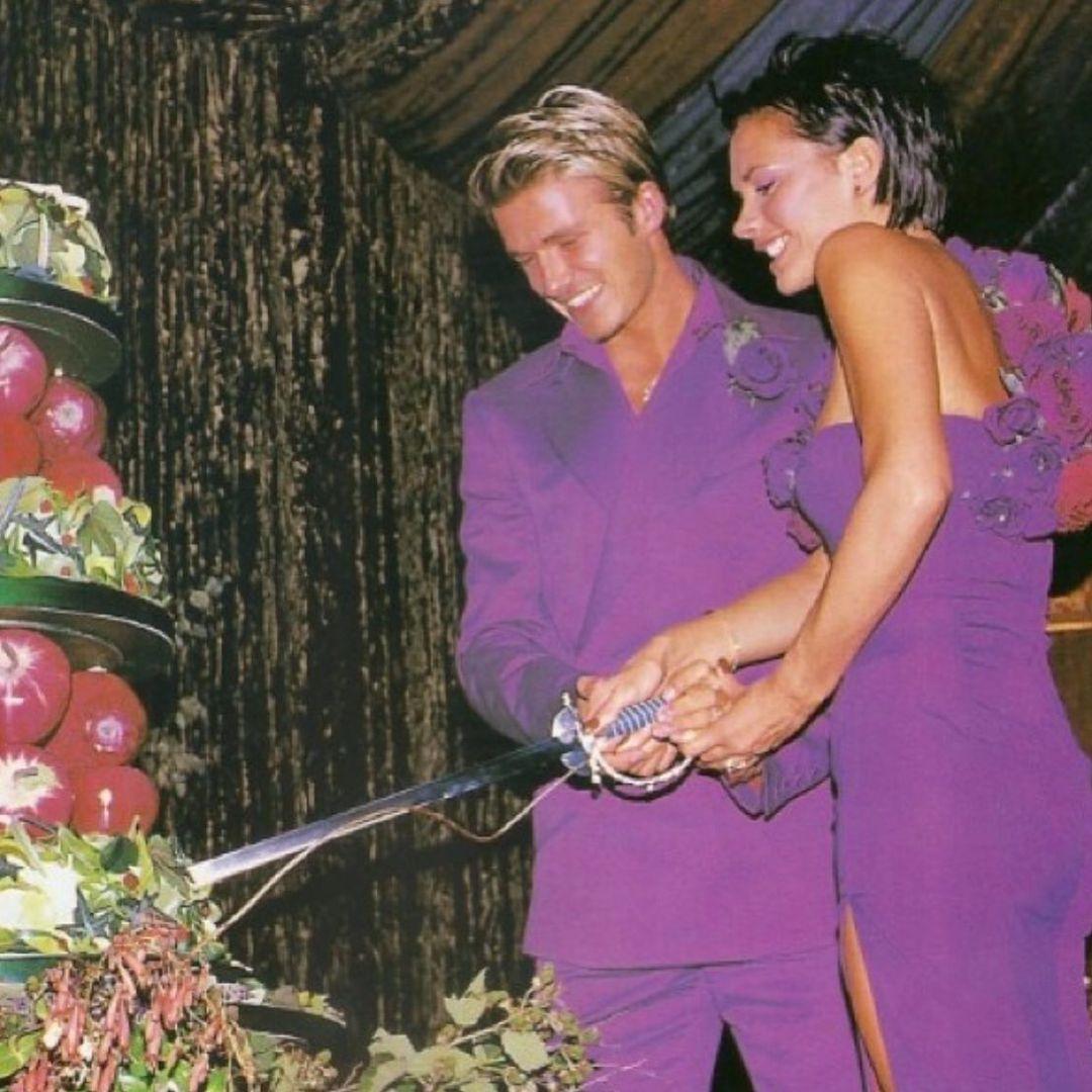 David and Victoria Beckham purple wedding outfits