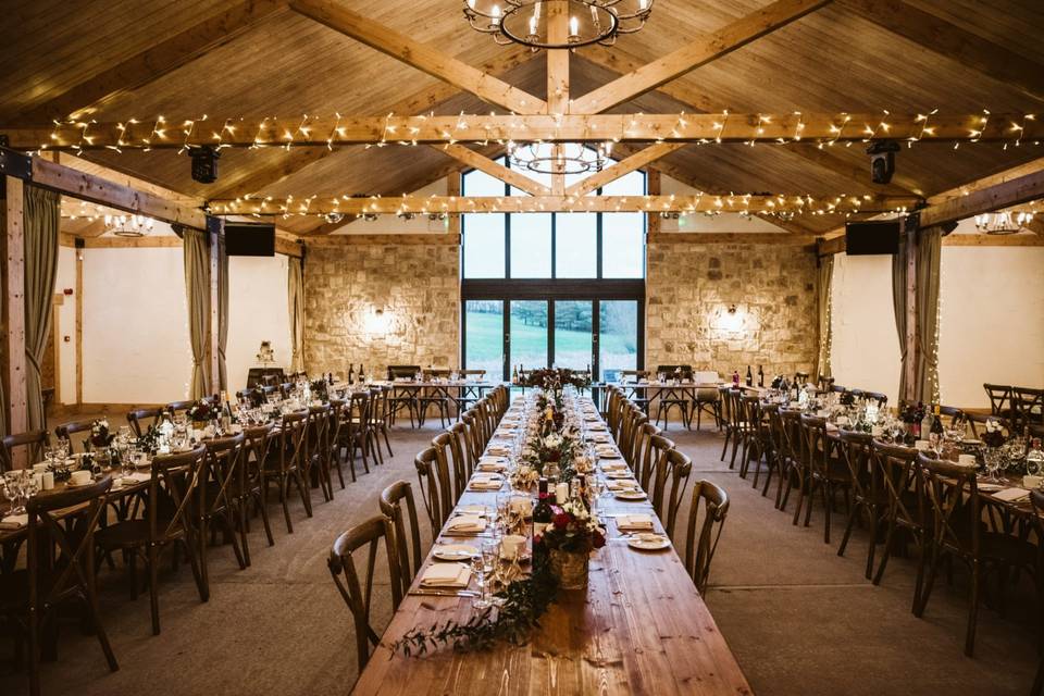 Wedding dining area with fairy lights