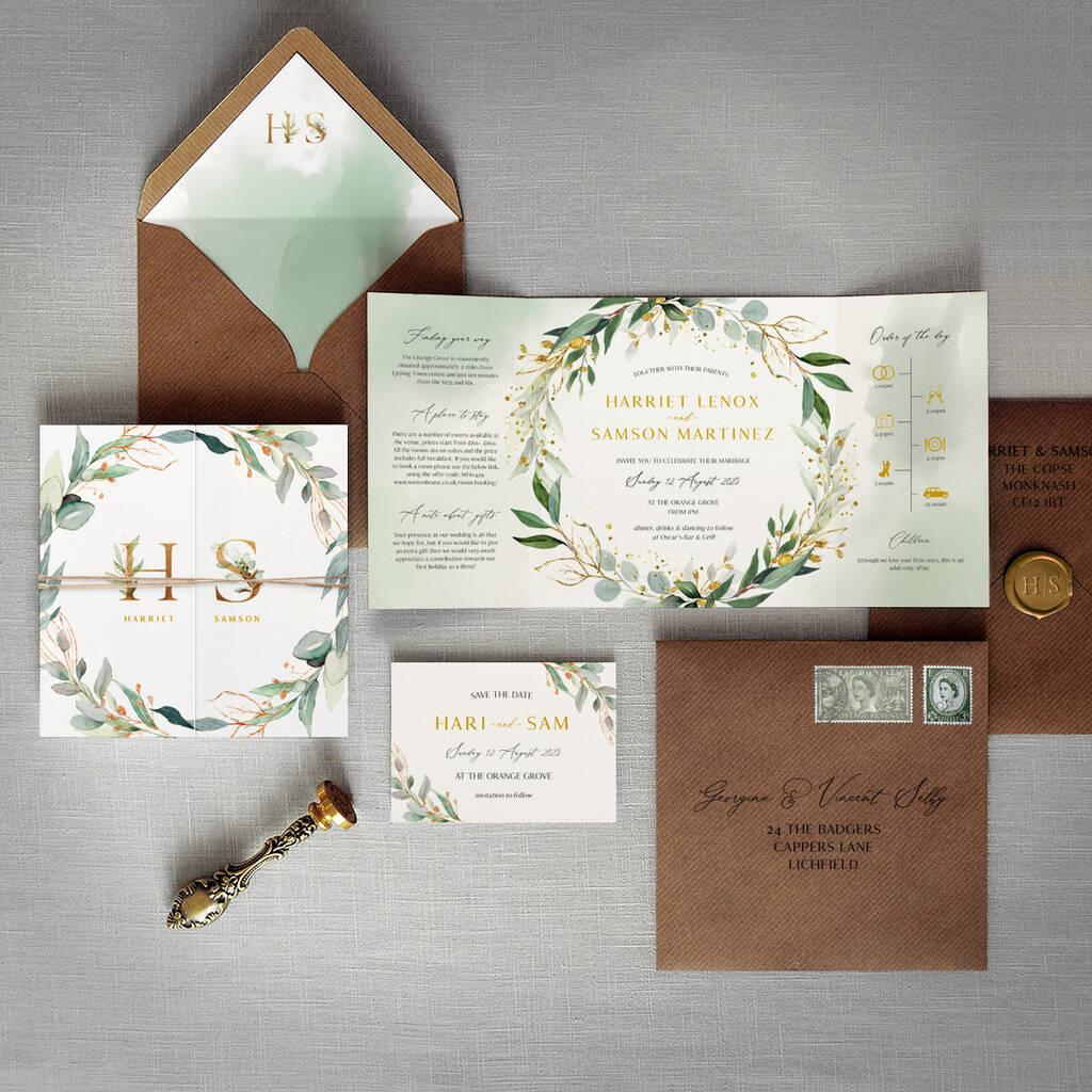 Personalised Rustic Wedding Invitations - Green/Beige Leaves Design - Packs Of 10