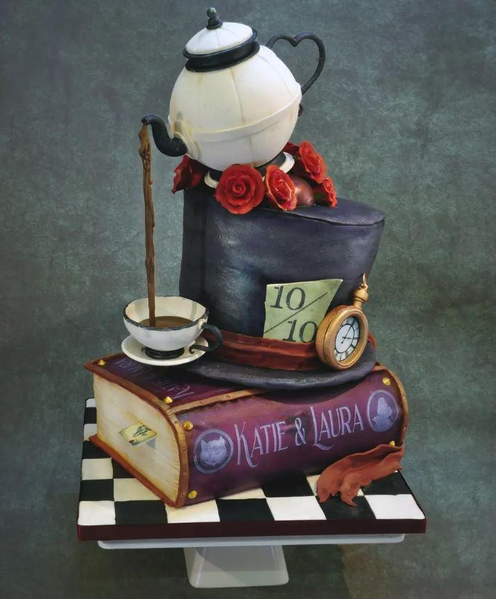 Alice in Wonderland Disney wedding cake with tea pot pouring drink