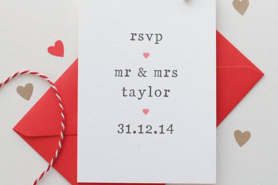 RSVP wedding card with a red envelope and a heart motif 