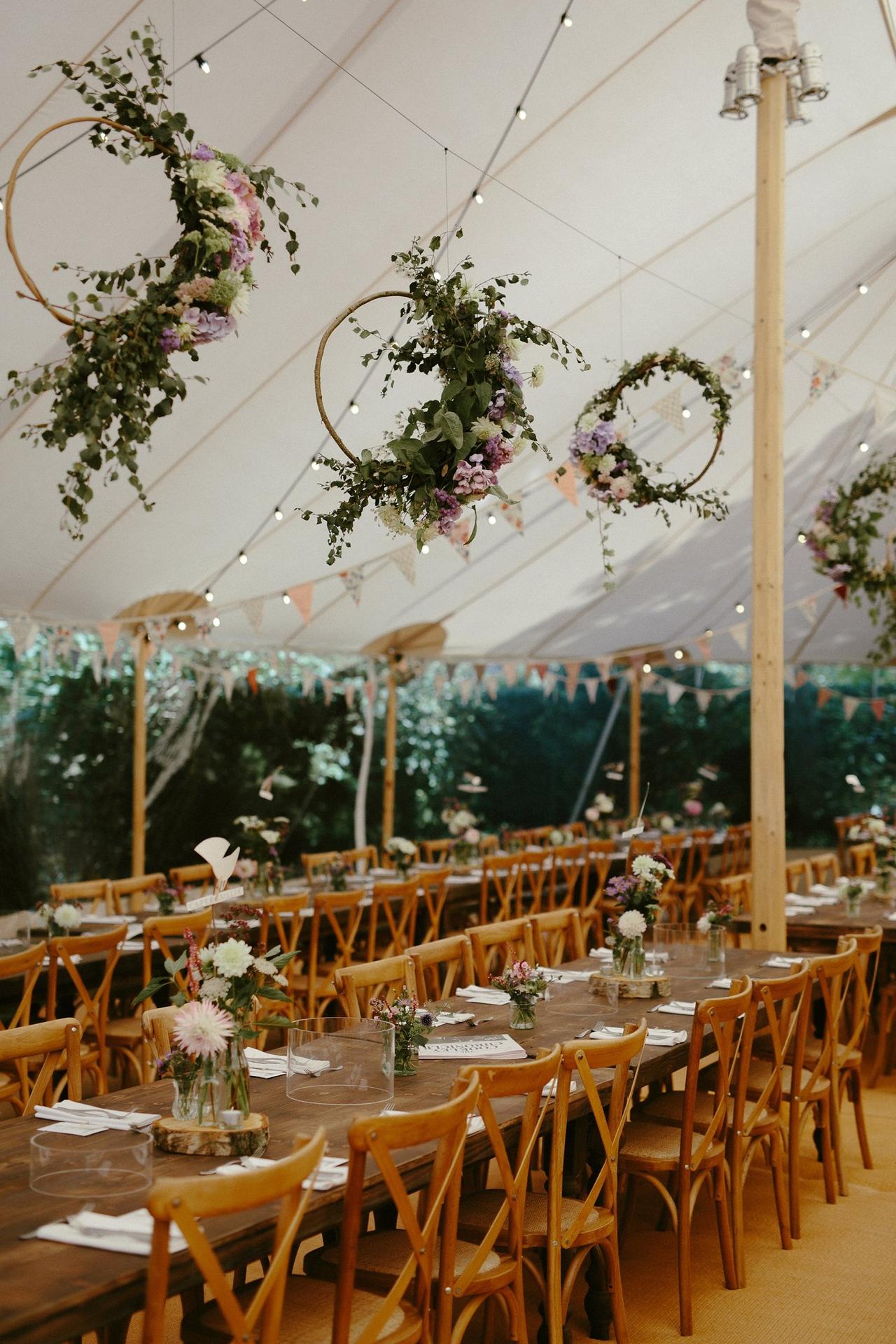 Flowers hanging deals from ceiling wedding