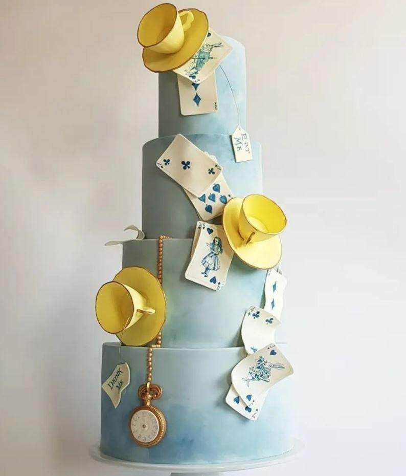 pastel blue alice in wonderland Disney wedding cake
