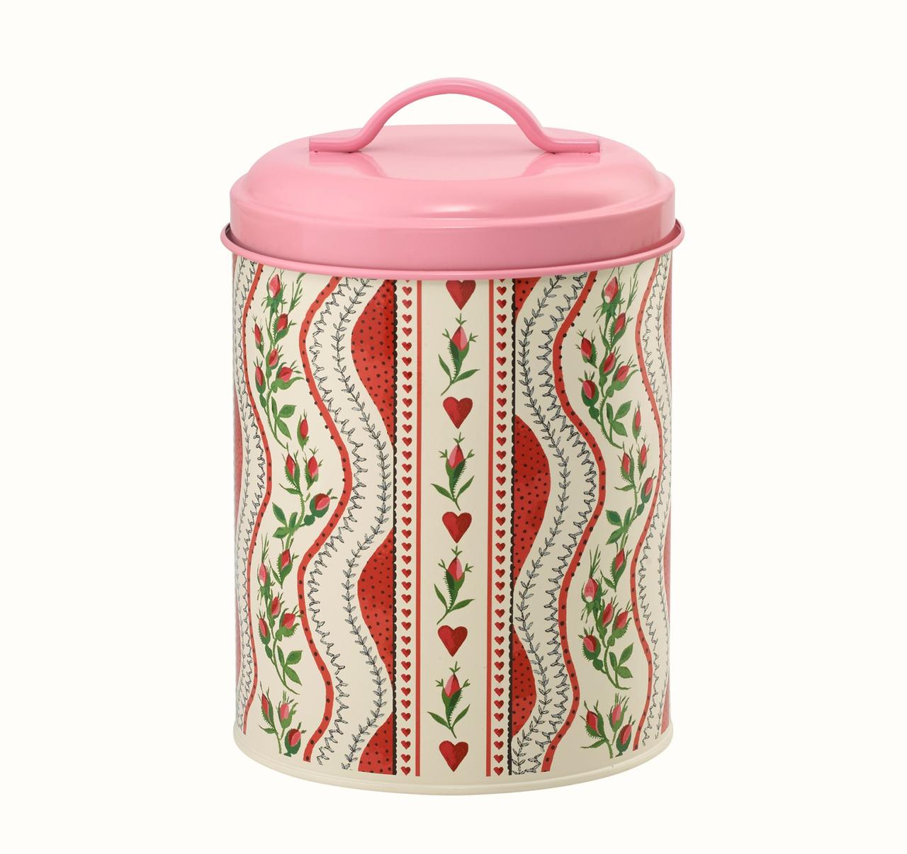 Pink and red heart patterned biscuit tin 