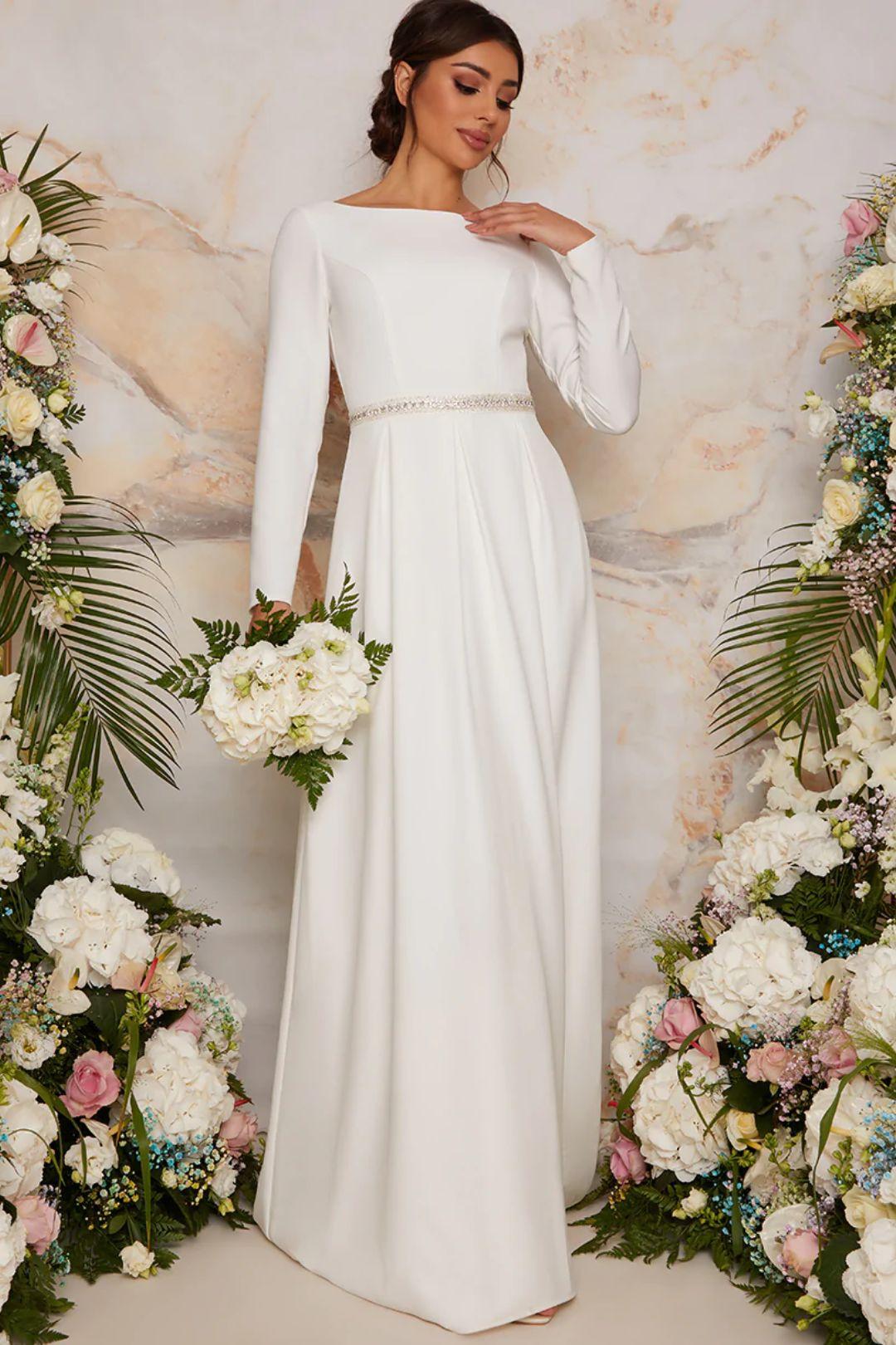 long sleeved simple wedding dress with embellished belt