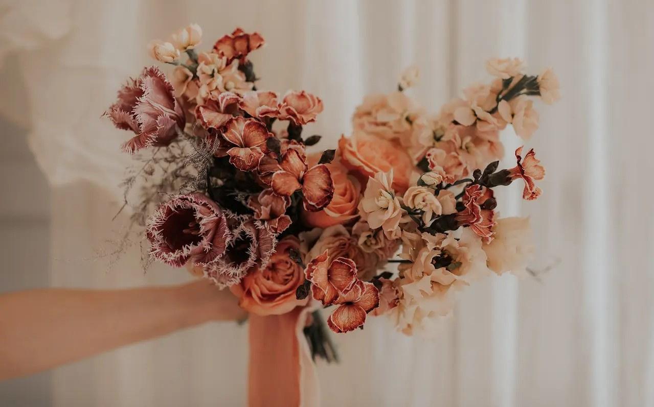 Modern ruffled flowers autumn wedding bouquet