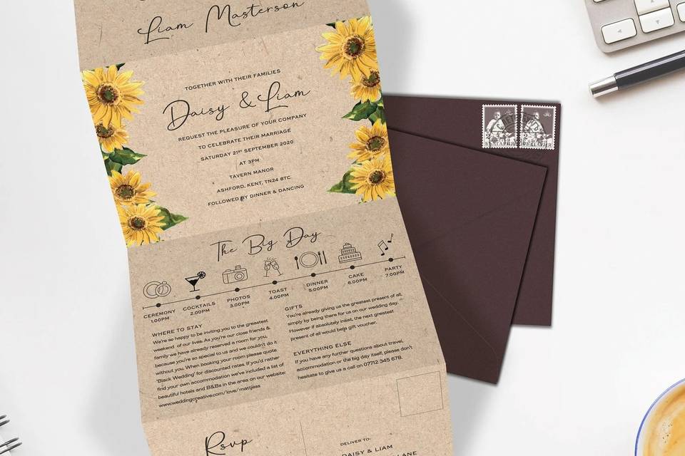 Sunflower wedding invitation with a brown Kraft card backdrop