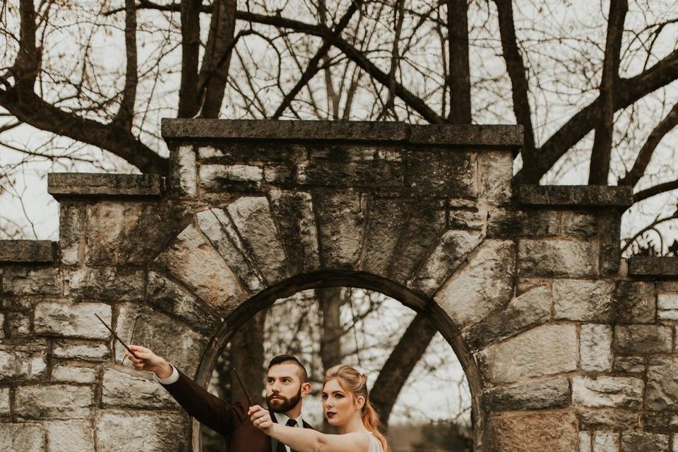 Bride and groom at a Harry Potter themed wedding 