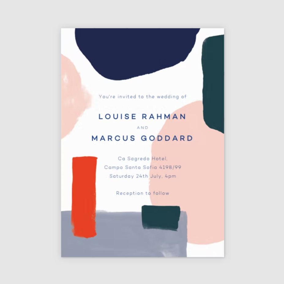 Wedding invitation with white and orange graphic background and modern typography