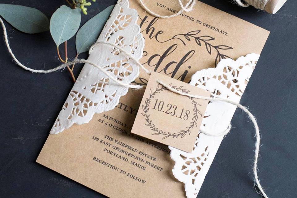 Vintage lace and string wedding invitation