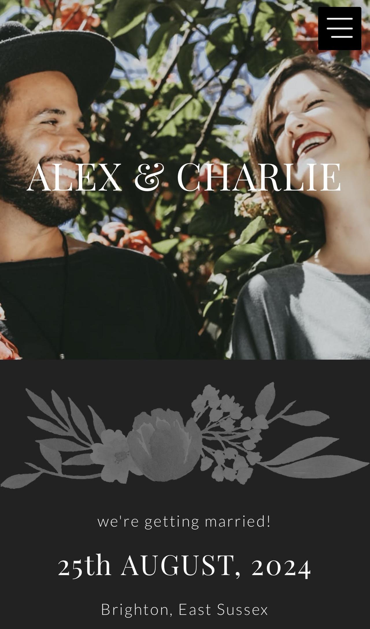 Charcoal floral Hitched wedding website theme
