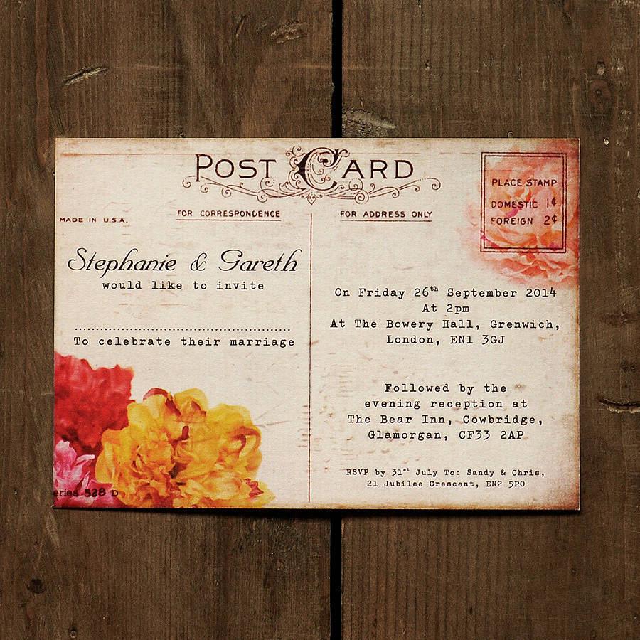 Personalised Wedding Invitation Vintage Roses floral chic Postcard style 
