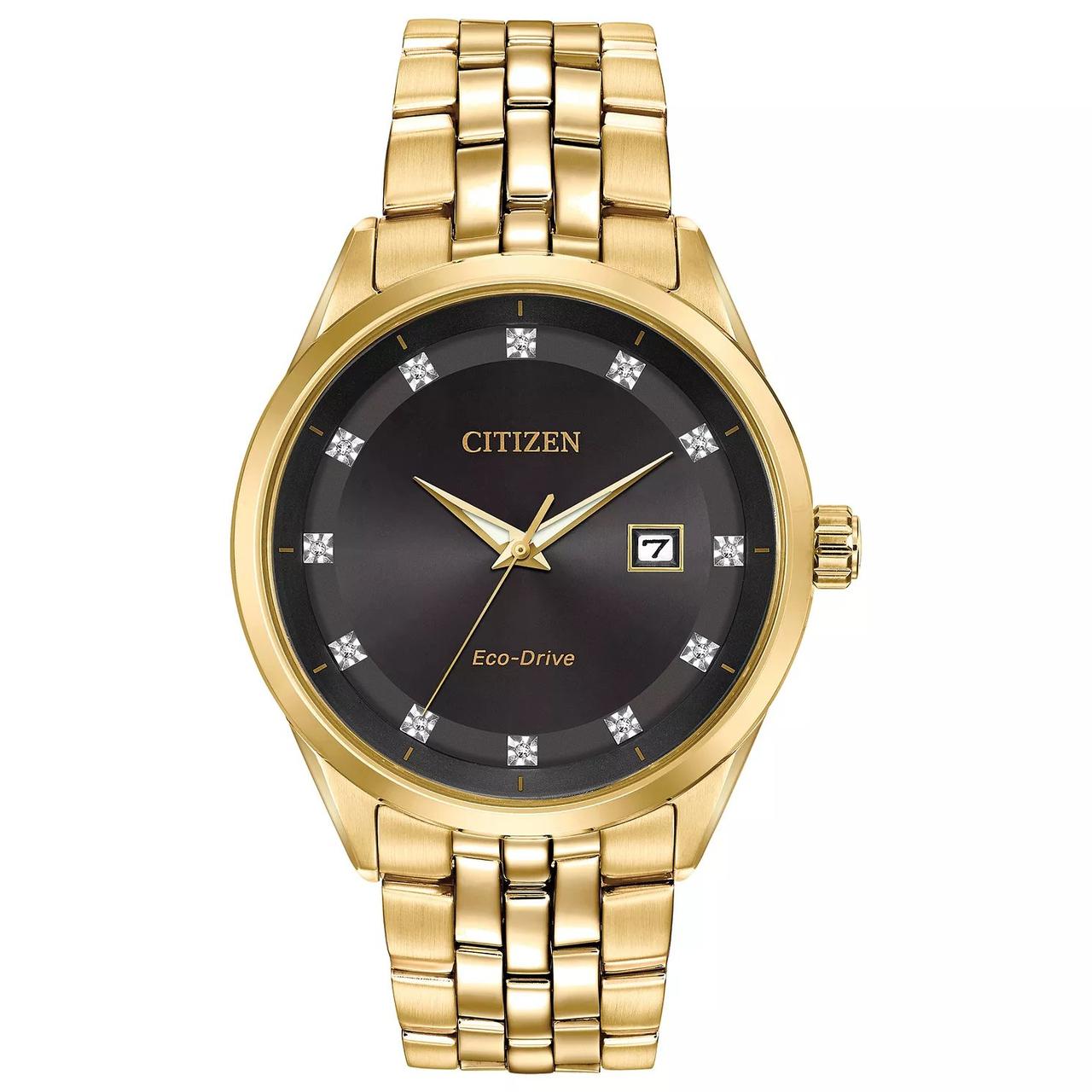 Gold men's watch with a black face and diamond studded hour markers