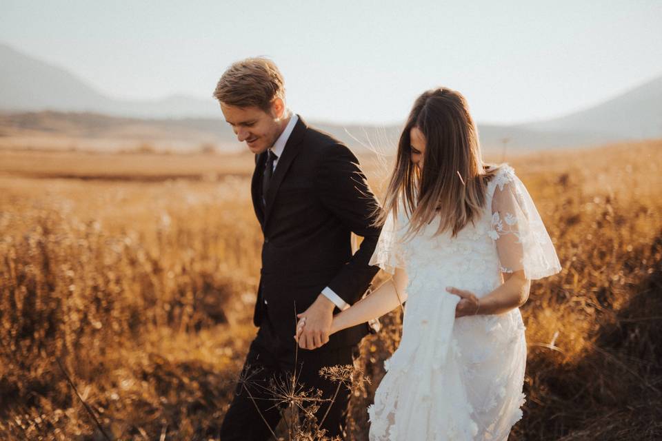 Bride and groom holding hands in a field