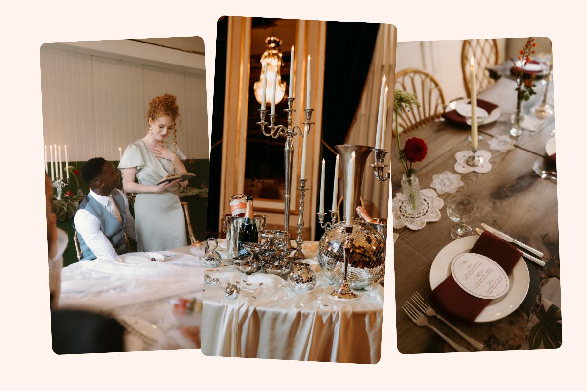 a trio of photos with a left shot of a bride giving a wedding speech, a centre shot of a disco ball on a white draped wedding table and a right shot a white plate and silverware