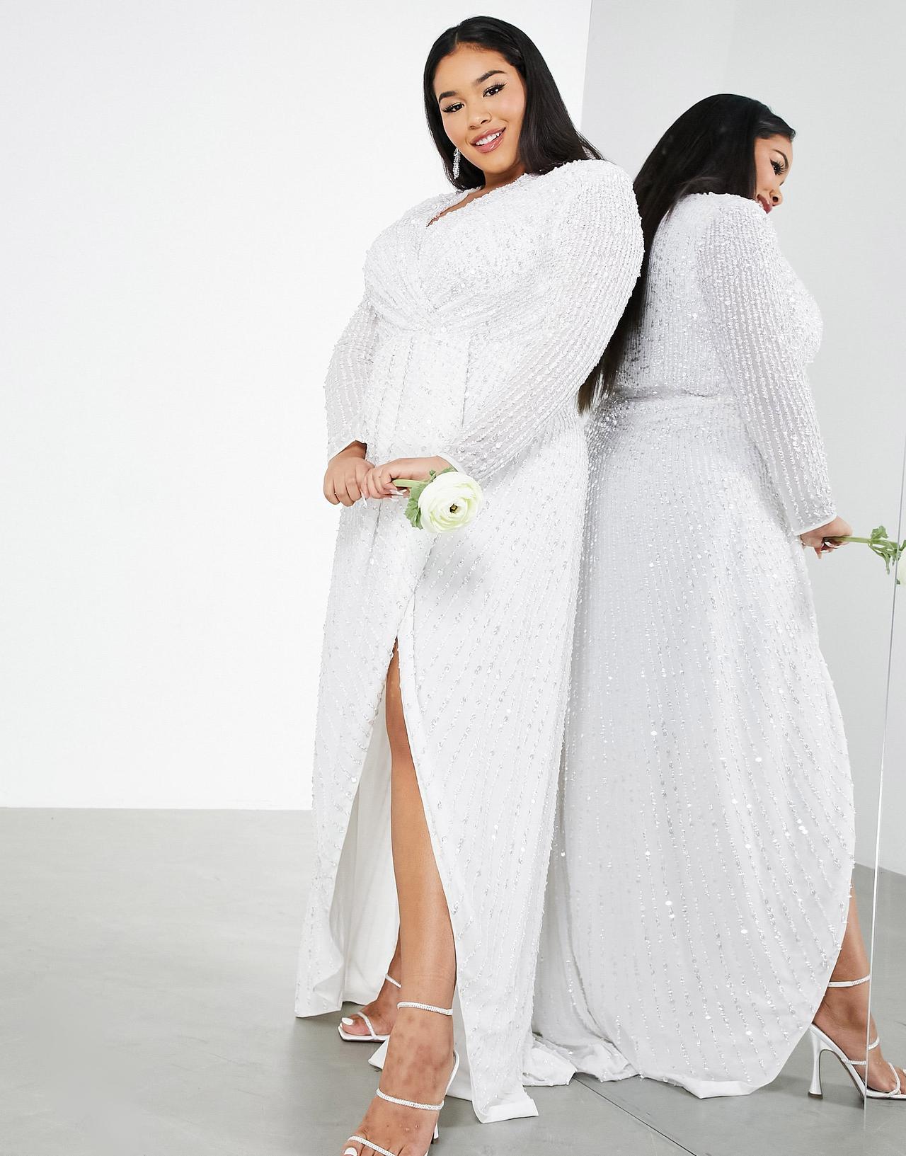 Plus size wedding dress in sequin wrap style