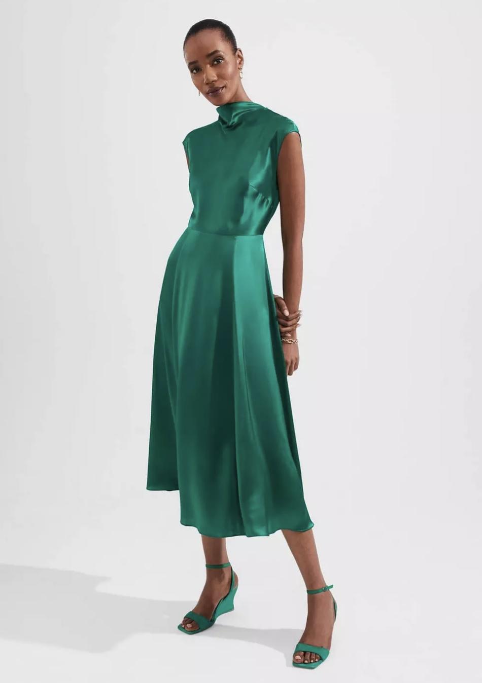 green satin tailored midi dress from Hobbs