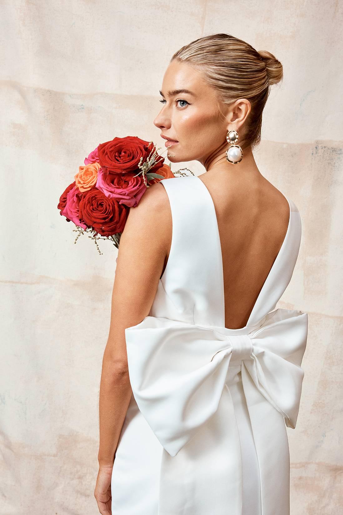 Coast Honoured Plunge Neck Structured Satin Bow Back Wedding Dress