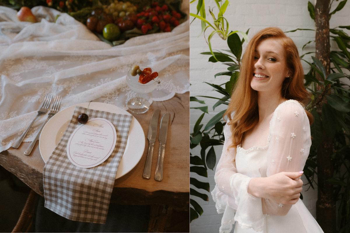 left shot of gingham napkin on a wooden, boho picnic style table next to a shot of a boho bride in a white embroidered dress