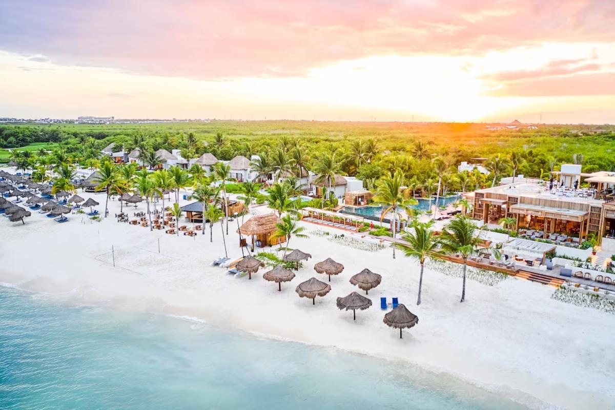 An aerial view of riviera maya beach front resort with hundreds of palm trees and greenery towards the inland, and white sand and sunbeds towards the ocean