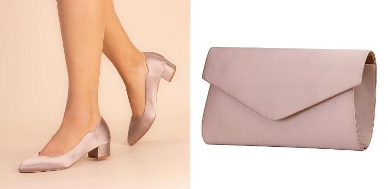 Perfect Bridal Sutton Mocha Satin Low Block Heel Court Shoes & Simone Clutch Bag – Lace & Favour 