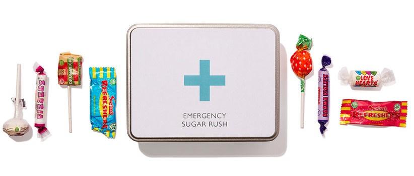 Emergency sugar rush tin surrounded by sweets
