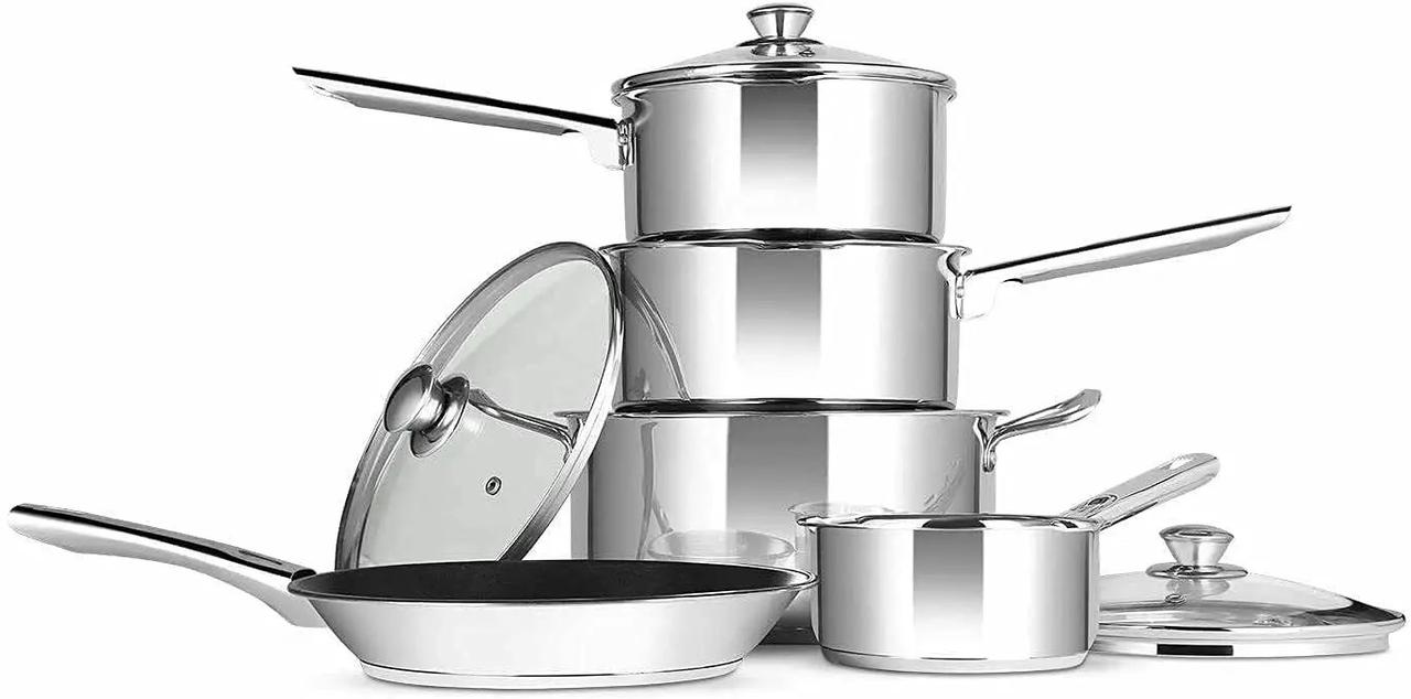 A five-piece cooking set made from shiny stainless steel. 